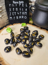 Black Agate Runestone Set (25 Stone Set) with Pouch