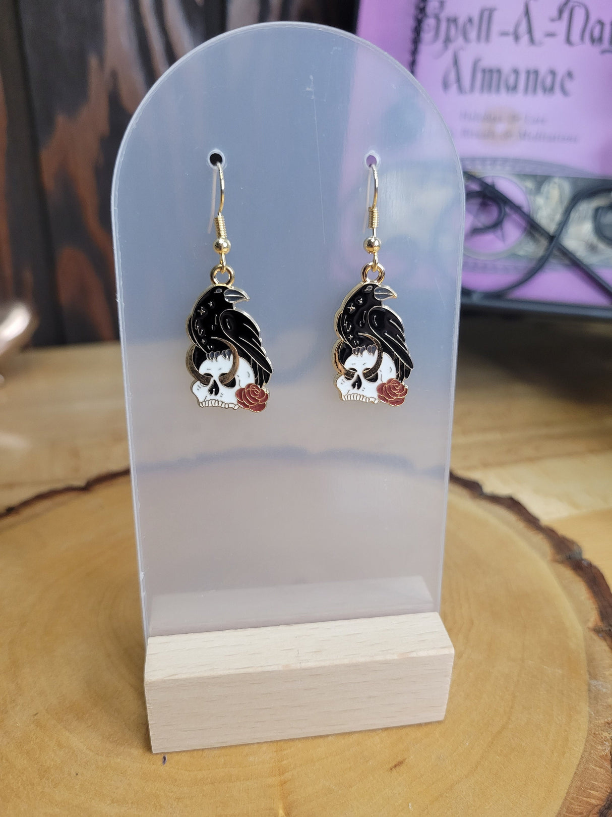 Crow and Skull Dangle Earrings: Golden Witch Earrings