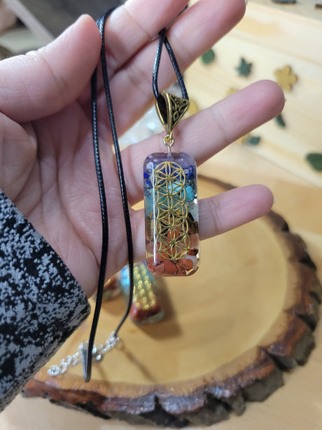 Flower of Life Gemstone Chip Pendant: Spiritual Epoxy Resin Charm