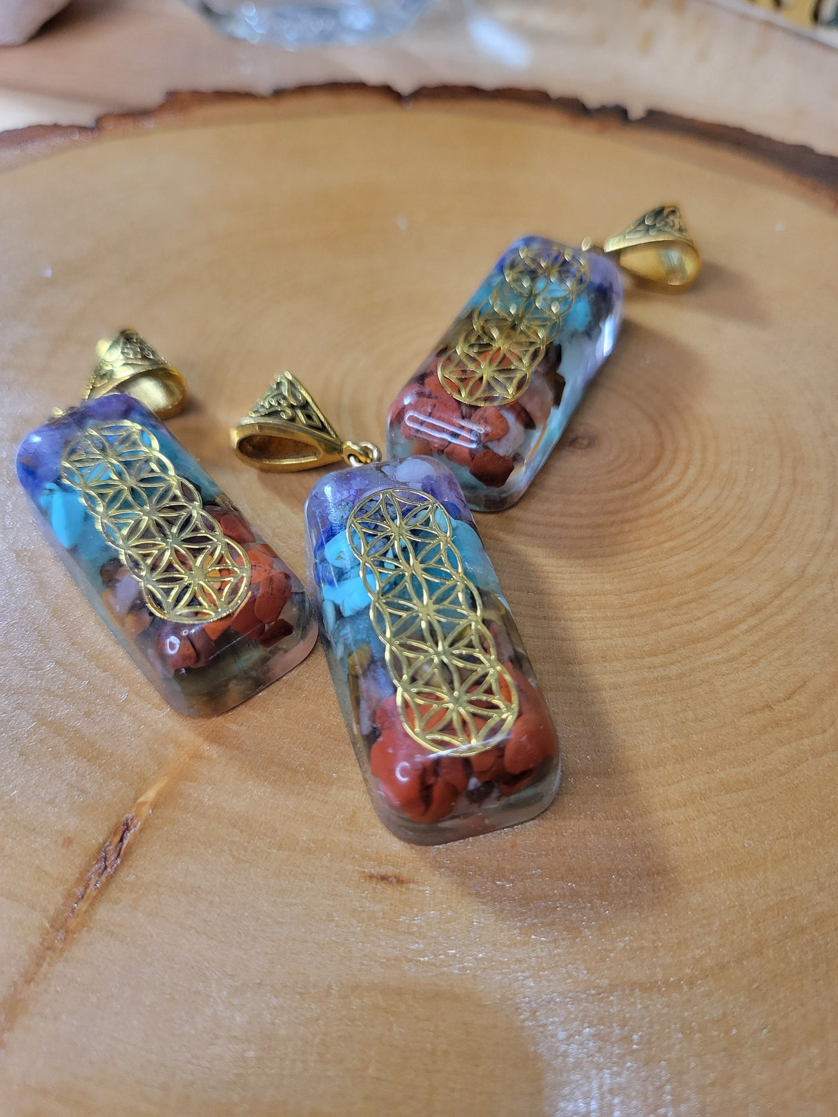 Flower of Life Gemstone Chip Pendant: Spiritual Epoxy Resin Charm