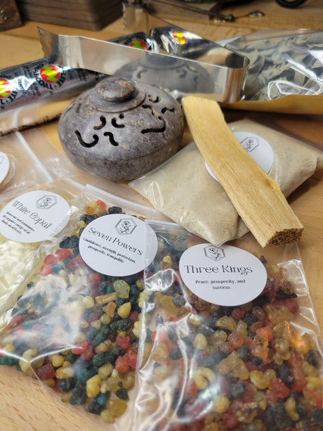 Resin Incense Burner Starter Kit: Soapstone Burner, Resins, Palo Santo