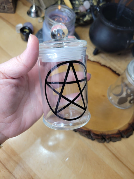 Pentagram and Goddess Glass Bottle, Witchy Moon Jar with Cork