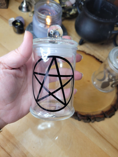 Pentagram and Goddess Glass Bottle, Witchy Moon Jar with Cork