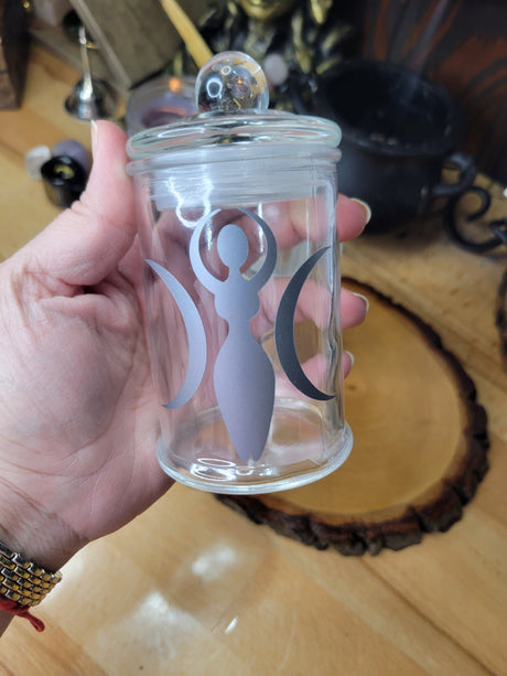 Pentagram and Goddess Glass Bottle, Witchy Moon Jar with Cork