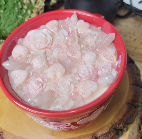 Self Love Rose Quartz Candle: Handmade Ceramic Mug, Sandalwood Rose Scent
