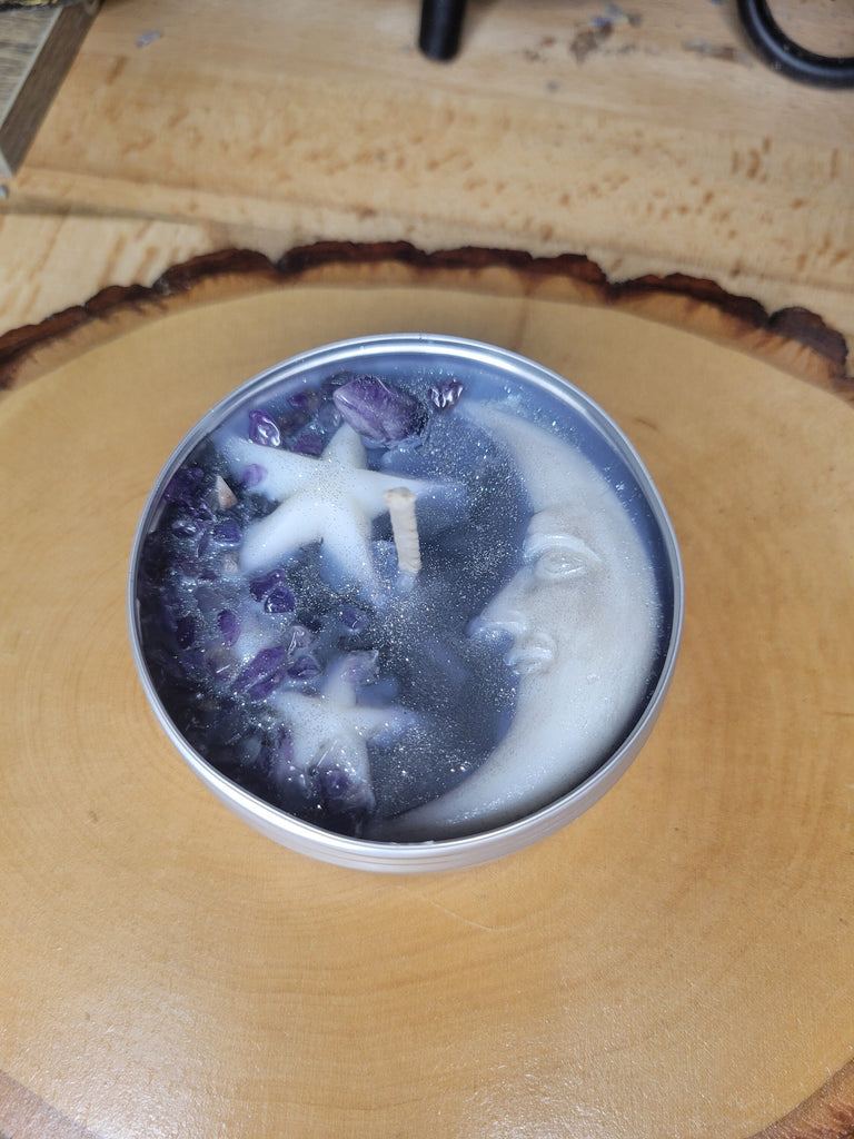 Midnight Luminary Candle with Amethyst Crystals Soy Moon and Stars Candle Gift for Her Soy Candles