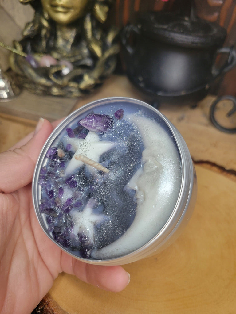 Midnight Luminary Candle with Amethyst Crystals Soy Moon and Stars Candle Gift for Her Soy Candles