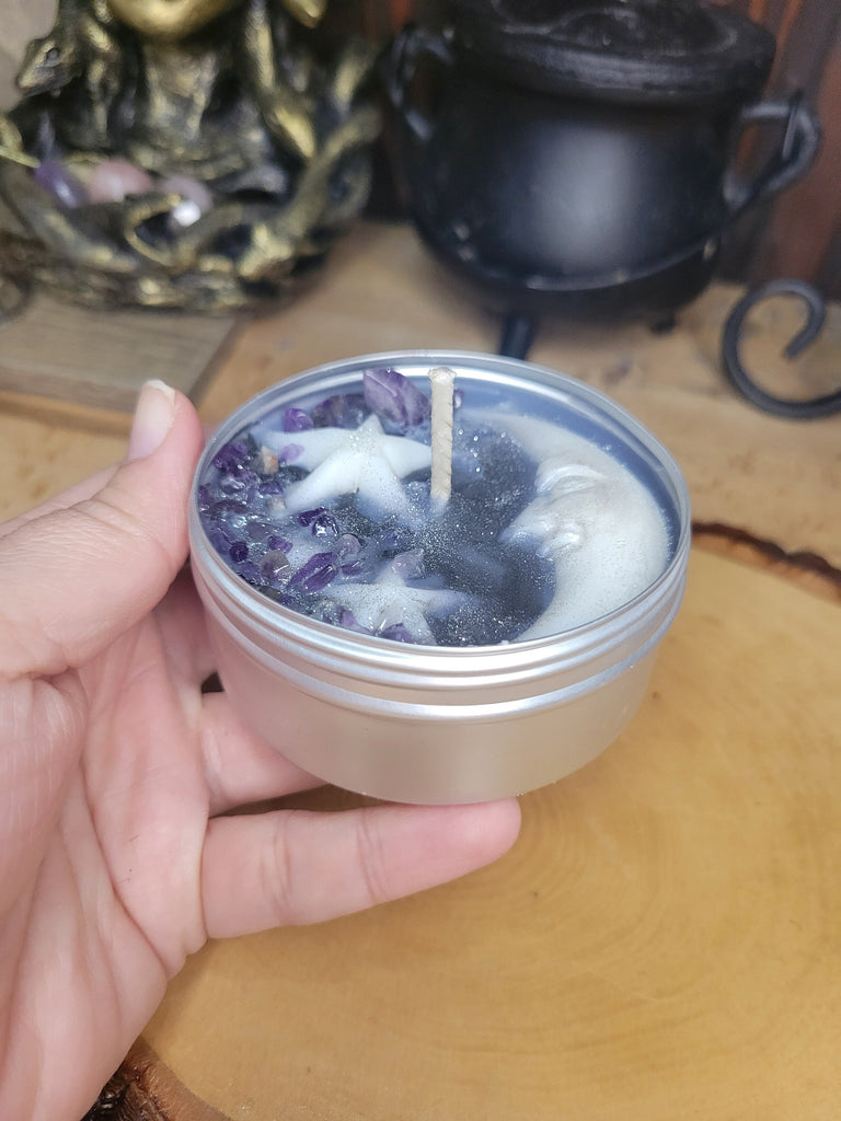 Midnight Luminary Candle with Amethyst Crystals Soy Moon and Stars Candle Gift for Her Soy Candles