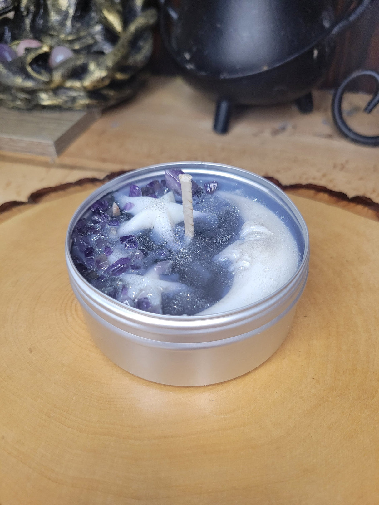 Midnight Luminary Candle with Amethyst Crystals Soy Moon and Stars Candle Gift for Her Soy Candles