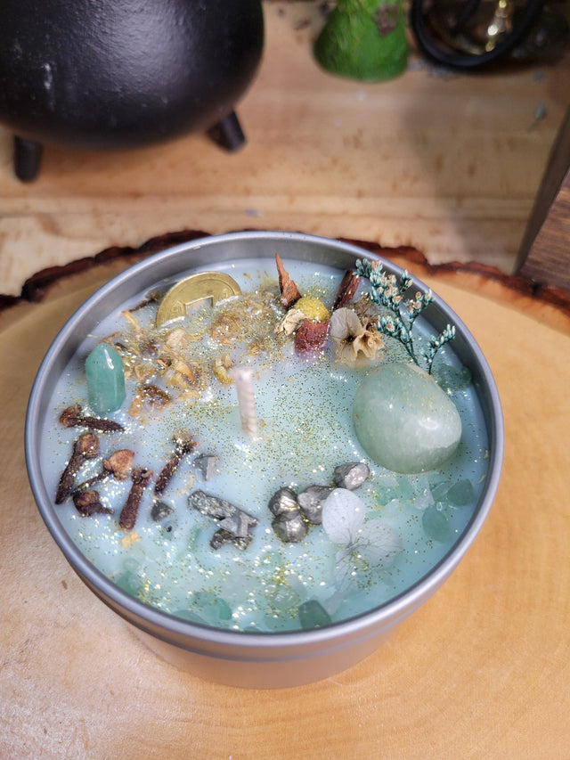Abundance Soy Candle Wax Aventurine Pyrite Crystals for Prosperity, Dried Flowers , Handcrafted, Manifestation & Gifts