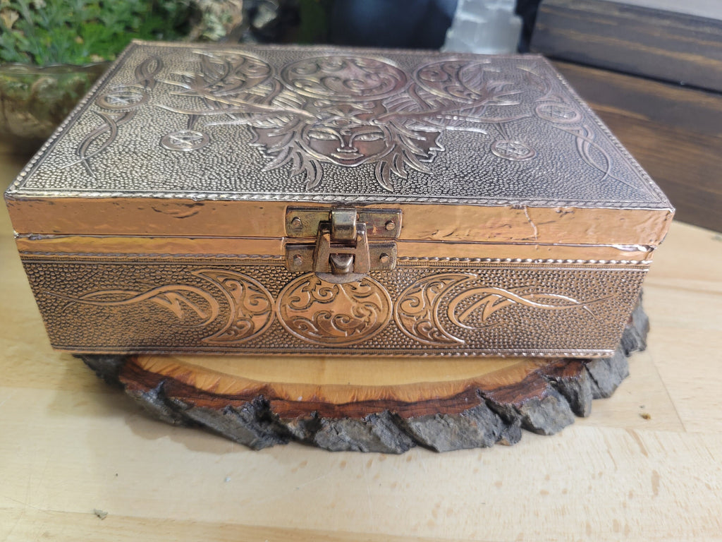 Witch Triple Moon Goddess Carved Metal over Wood Box Handcrafted Tarot Box Altar Box Gift for Her