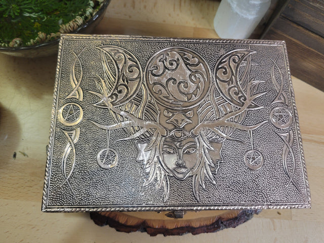 Witch Triple Moon Goddess Carved Metal over Wood Box Handcrafted Tarot Box Altar Box Gift for Her