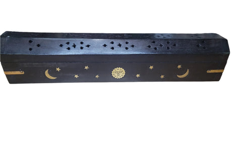 Celestial Black Wood Incense Burner Black Wooden Burner Box, Incense Storage Box, Sun and Moon Ash Catcher