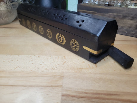 Seven Chakra Black Wood Incense Burner Black Wooden Burner Box, Incense Storage Box, Chakra Ash Catcher