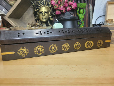 Seven Chakra Black Wood Incense Burner Black Wooden Burner Box, Incense Storage Box, Chakra Ash Catcher