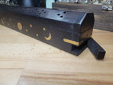 Celestial Black Wood Incense Burner Black Wooden Burner Box, Incense Storage Box, Sun and Moon Ash Catcher