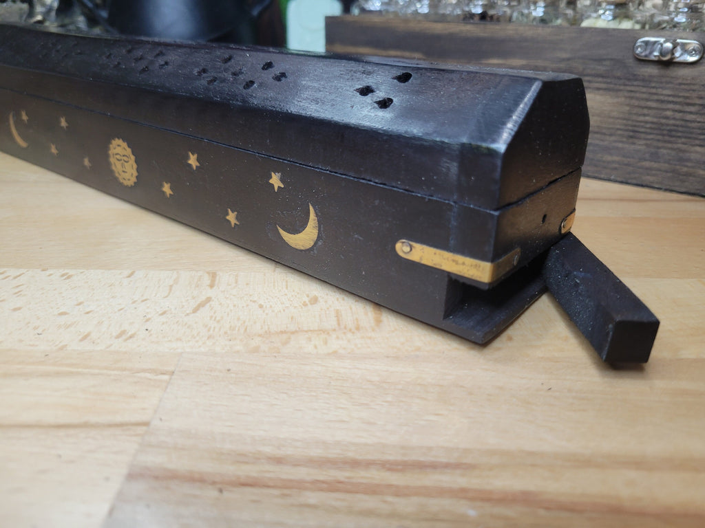 Celestial Black Wood Incense Burner Black Wooden Burner Box, Incense Storage Box, Sun and Moon Ash Catcher