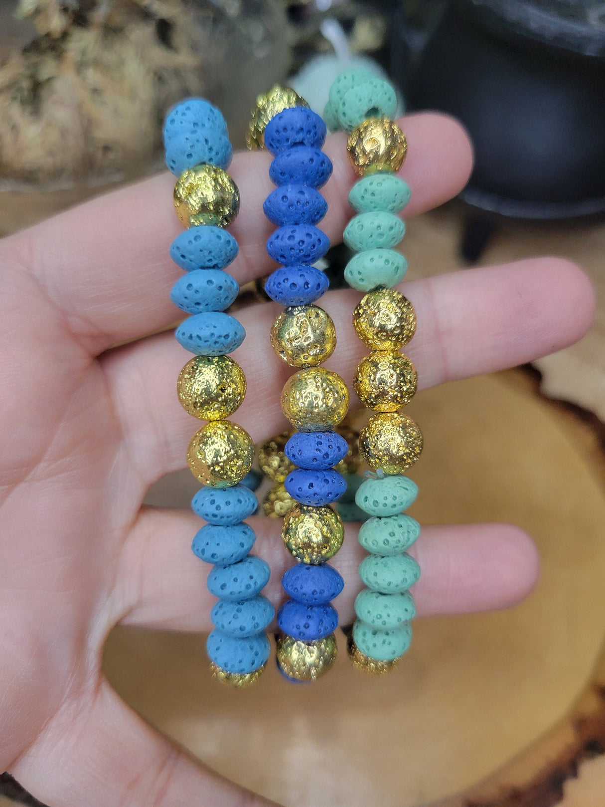 Colorful Lava Rock Stretch Bracelet: Golden Accents, Handmade Jewelry