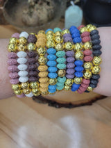 Colorful Lava Rock Stretch Bracelet: Golden Accents, Handmade Jewelry