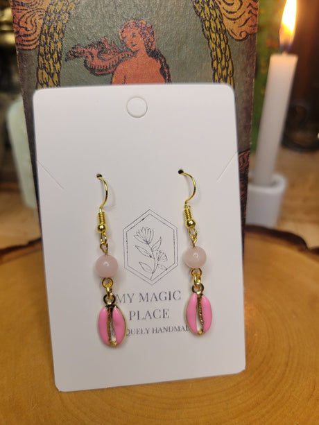 Cowrie Shell Crystal Earrings, Colored Shell Boho Jewelry