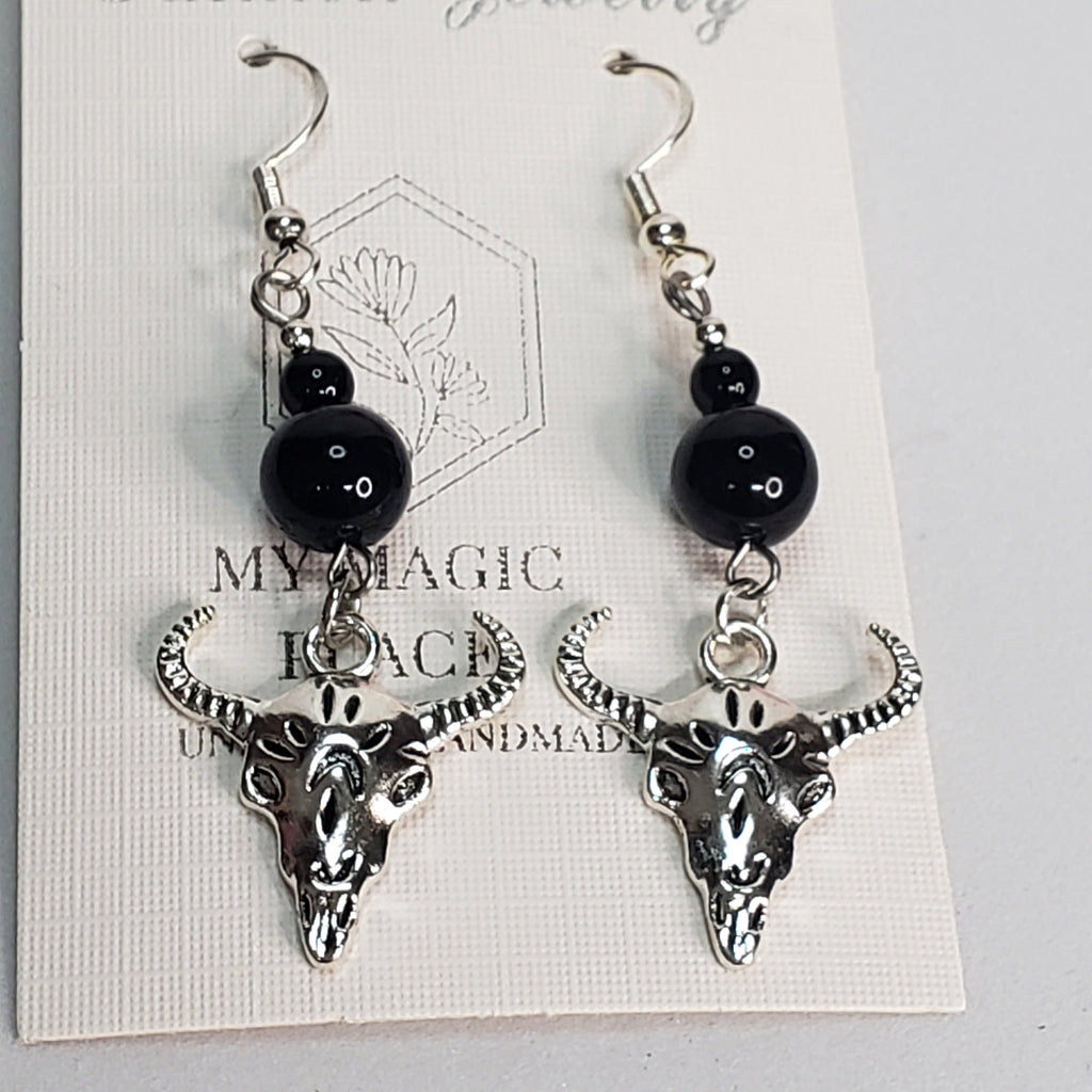 Animal Skull Head Black Agate Earrings, Western Statement Earrings, Black Agate Earrings, Dangle Earrings