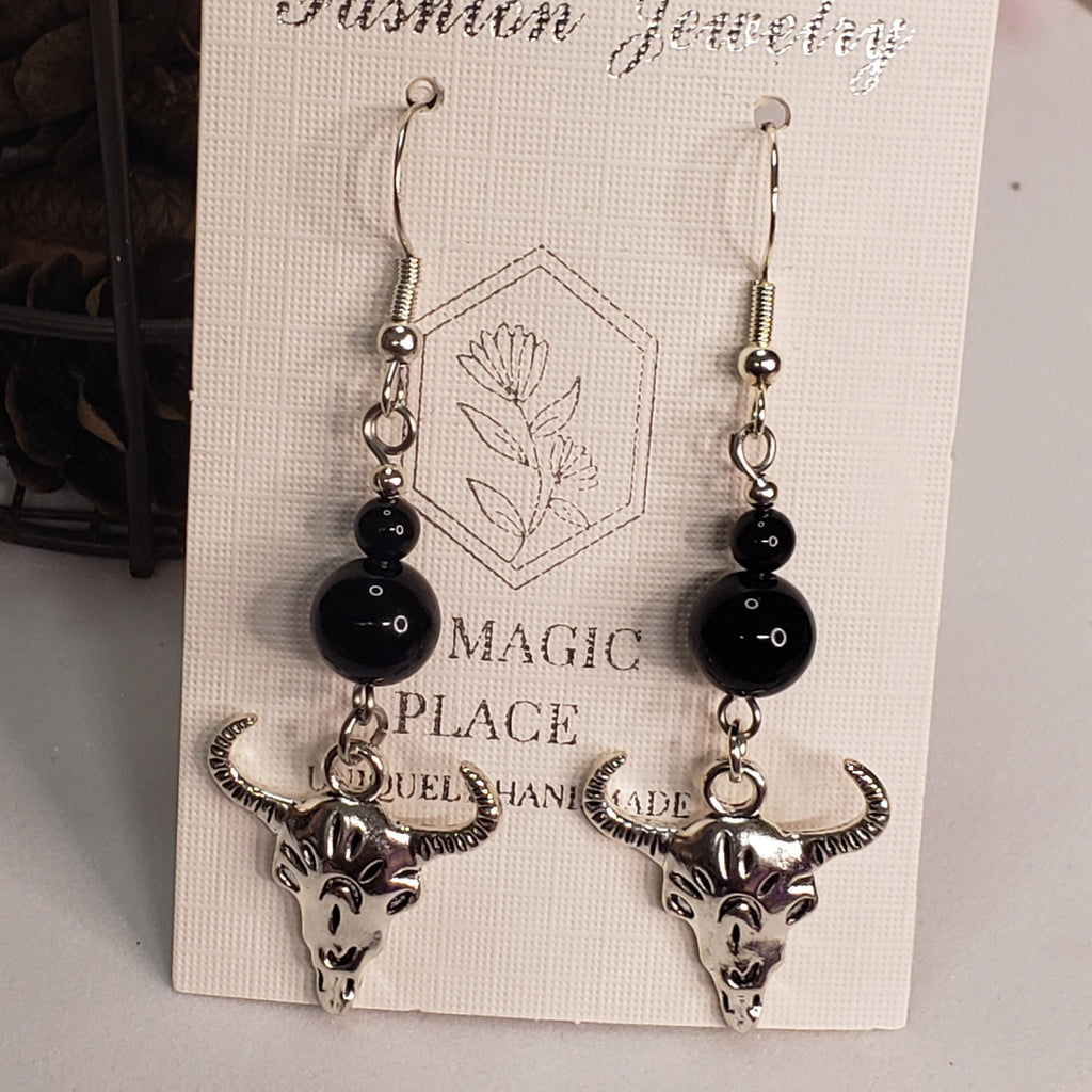 Animal Skull Head Black Agate Earrings, Western Statement Earrings, Black Agate Earrings, Dangle Earrings