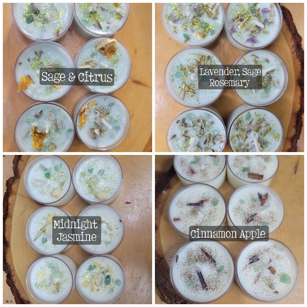 Crystal and Herb Soy Tea Light Candle Set – Handmade | Pack of 6