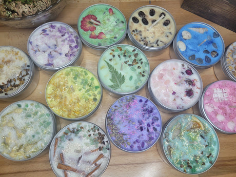 Crystal Infused Soy Candle: Scented with Herbs, Meditation Candle