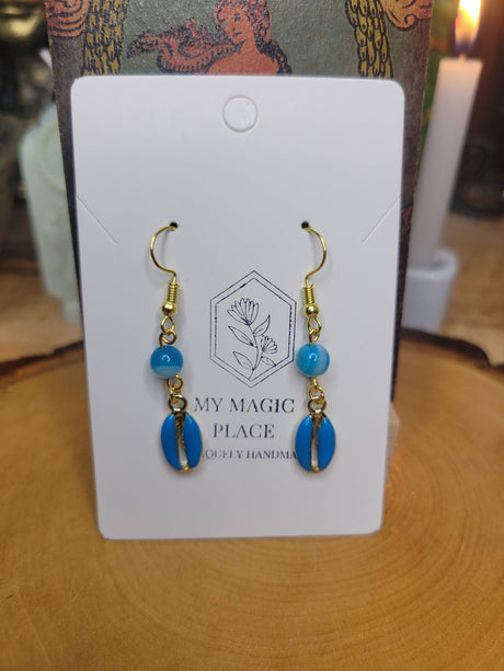 Cowrie Shell Crystal Earrings, Colored Shell Boho Jewelry