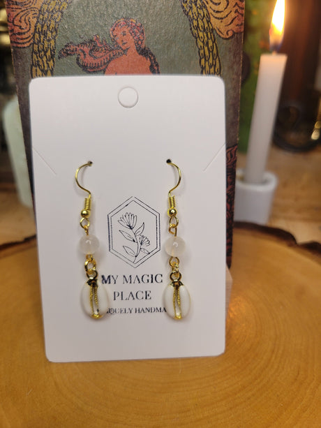 Cowrie Shell Crystal Earrings, Colored Shell Boho Jewelry