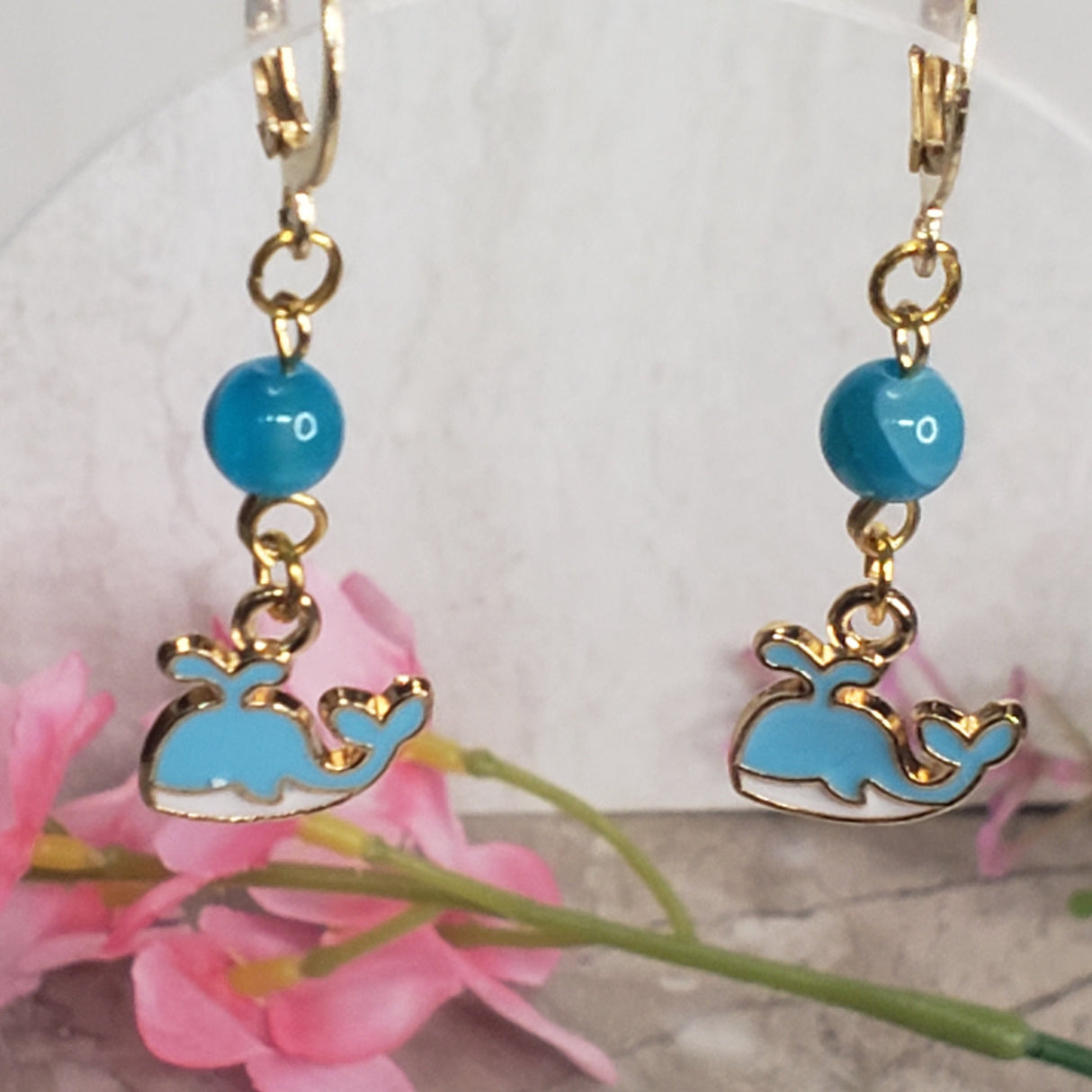 Whale Earrings: Rose Quartz & Agate Sea Charms, Handmade Jewelry