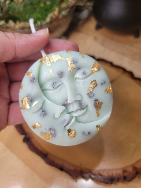 Moon and Sun Manifestation Candle, Pyrite Moon Candle Abundance Drawing Moon and Sun Candle, Green and Gold candle