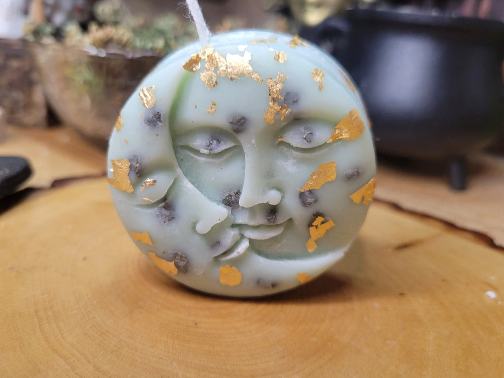 Moon and Sun Manifestation Candle, Pyrite Moon Candle Abundance Drawing Moon and Sun Candle, Green and Gold candle