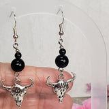Animal Skull Head Black Agate Earrings, Western Statement Earrings, Black Agate Earrings, Dangle Earrings
