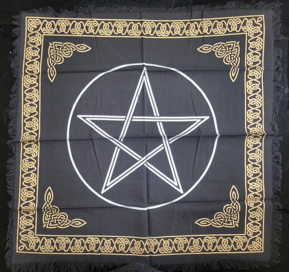 Pentagram Altar Cloth: Black Witchcraft Tablecloth with Golden Border