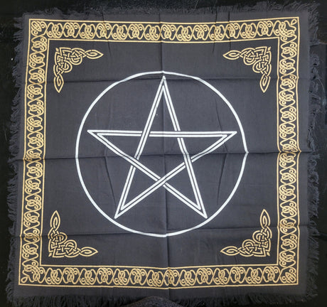 Pentagram Altar Cloth: Black Witchcraft Tablecloth with Golden Border
