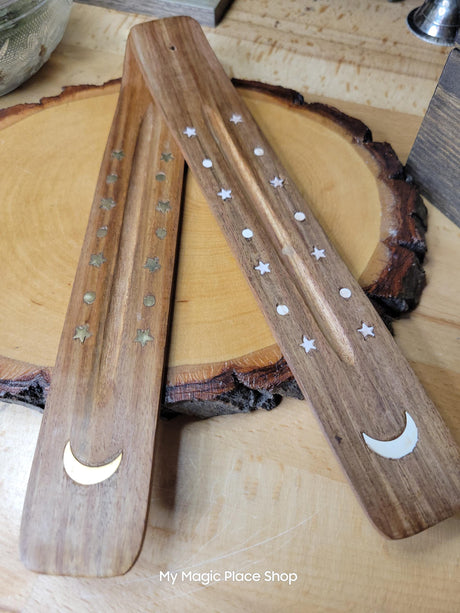 Hand Crafted Wooden Incense Burner: Ash Catcher with Elephant, Moon, Star