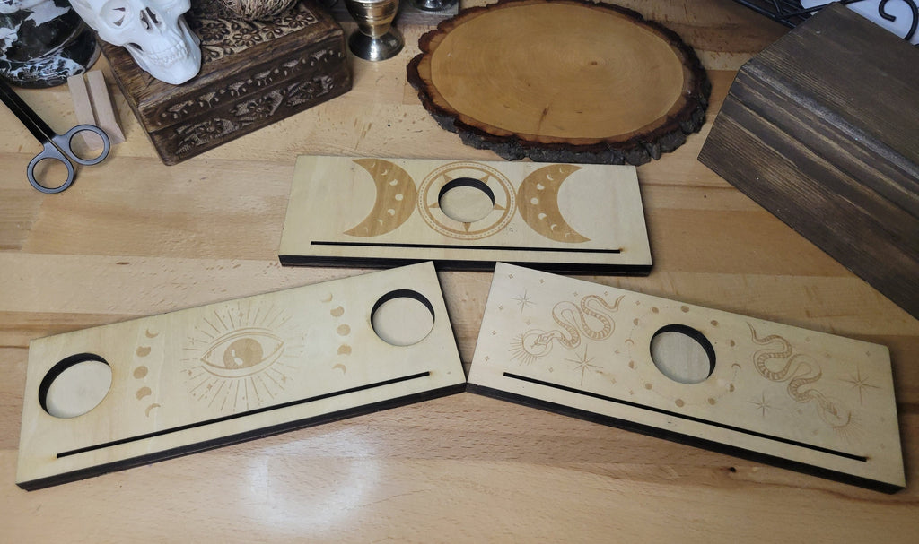 Tarot Card Holder Stand, Engraved Holder for tarot cards with Candle Holder Carved Wood Candle Holders, Witch Divination Tools