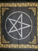 Pentagram Altar Cloth: Black Witchcraft Tablecloth with Golden Border
