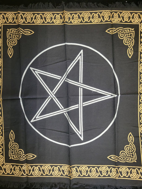 Pentagram Altar Cloth: Black Witchcraft Tablecloth with Golden Border