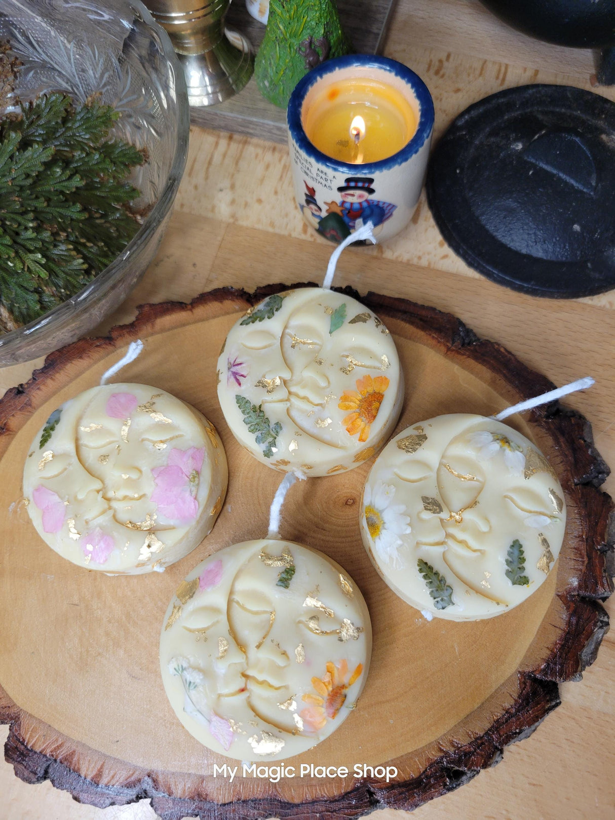 Nag Champa Soy Candle: Handmade Moon and Sun with Dried Flowers