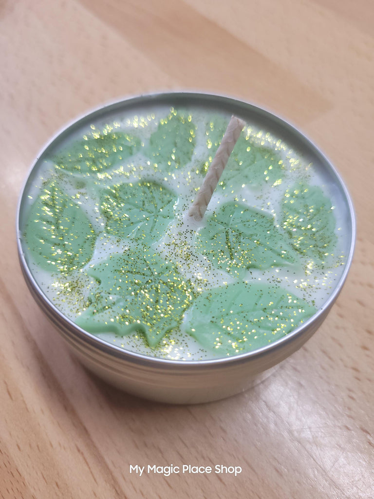 Green leaf candle, Apothecary, Basil Sage Mint, Scented Soy Candle, Tin Jar Candle