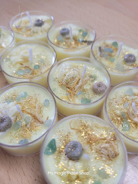 Sunflower Soy Wax Tea Light Candle: Crystal Infused Joy Spell