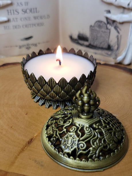 Lotus Brass Candle Burner: Scented Soy Wax Candle, Reusable Holder