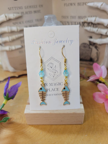 Fish Earrings-Colored Charm Fish Earrings-Dangle Earrings-Fish Bone Earrings-Nature Earrings