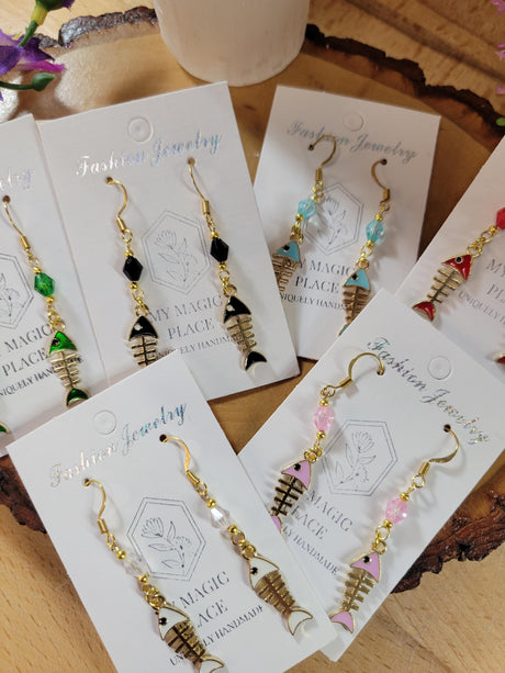 Fish Earrings-Colored Charm Fish Earrings-Dangle Earrings-Fish Bone Earrings-Nature Earrings