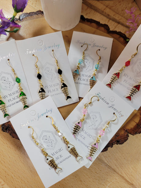 Fish Earrings-Colored Charm Fish Earrings-Dangle Earrings-Fish Bone Earrings-Nature Earrings