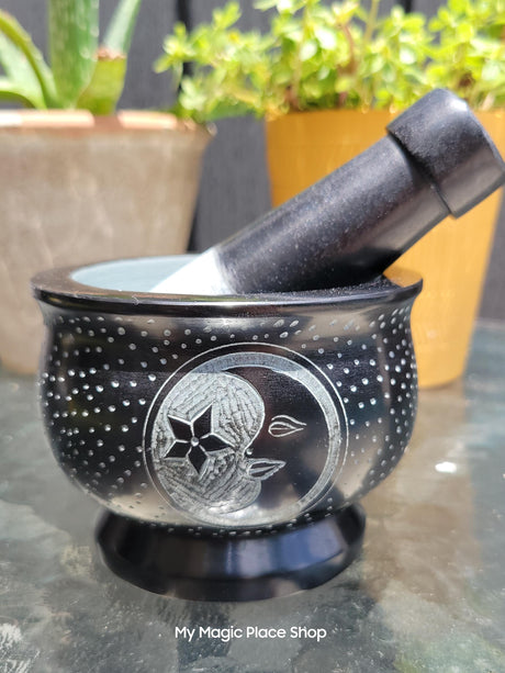 Moon Black Mortar and Pestle, Soapstone Herb Grinder Handmade Mortar