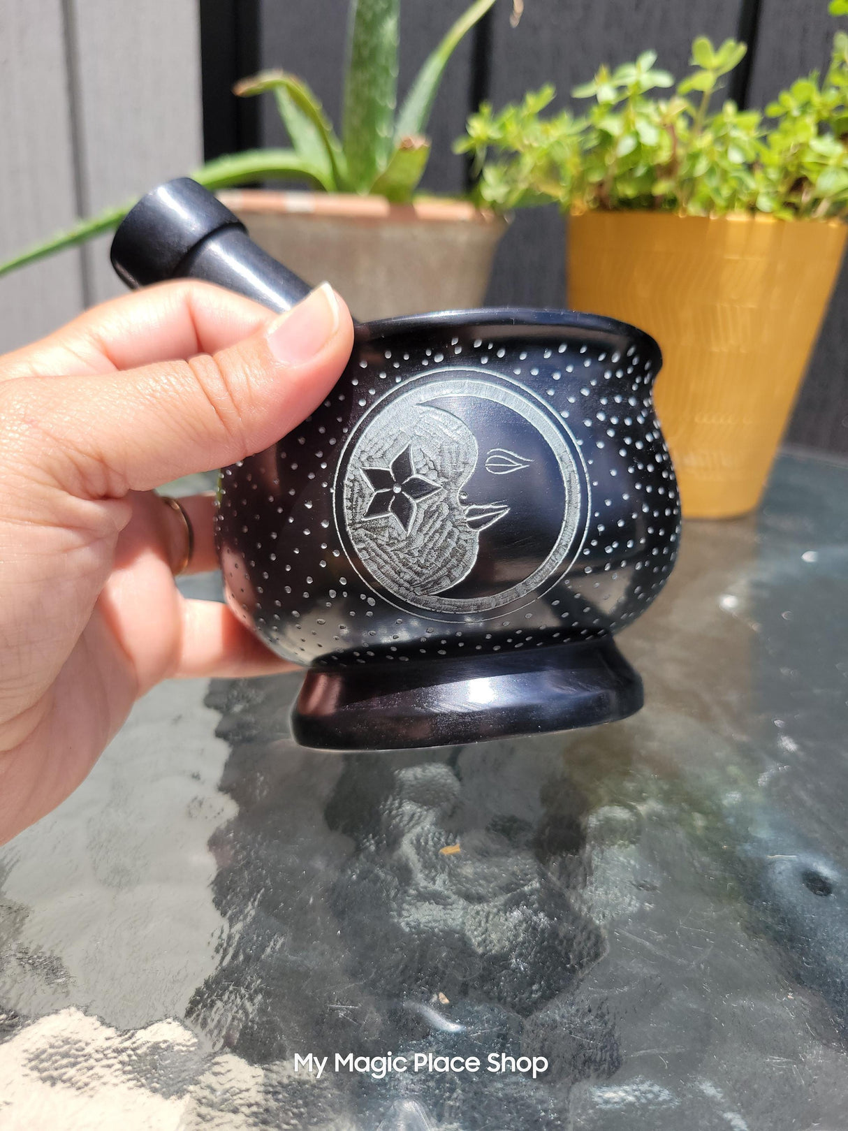 Moon Black Mortar and Pestle, Soapstone Herb Grinder Handmade Mortar
