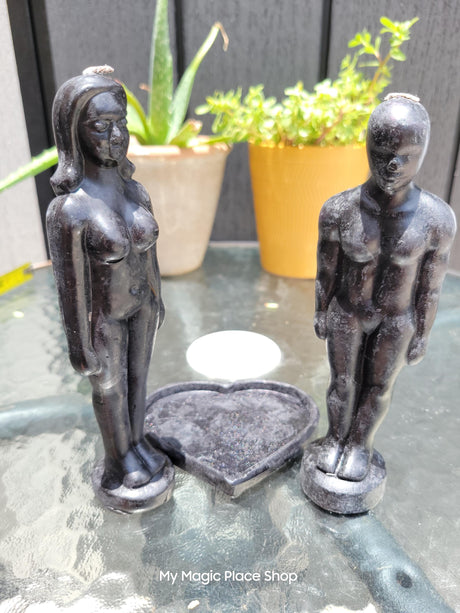 Black 3-Piece Couple & Heart Candle Set – Intentional Figurine Candles for Ritual or Decor